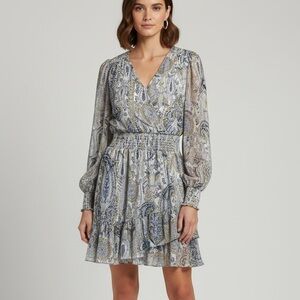 Vince Camuto Blue Paisley Smocked Waist Tiered Mini Boho Dress - Size L